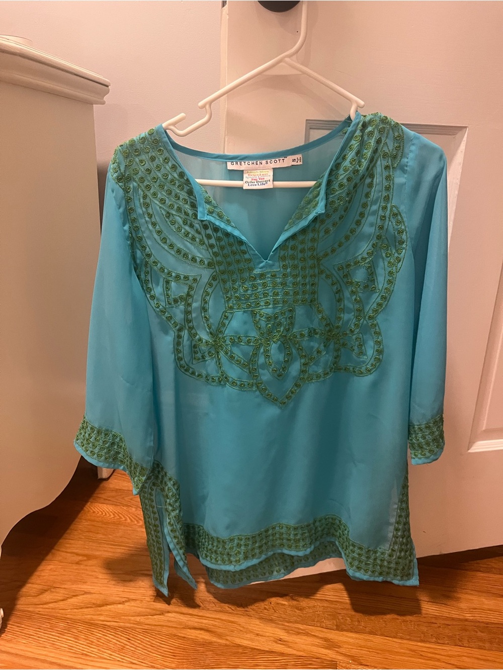 Gretchen Scott Designs Turquoise Tunic with Green Embroidery